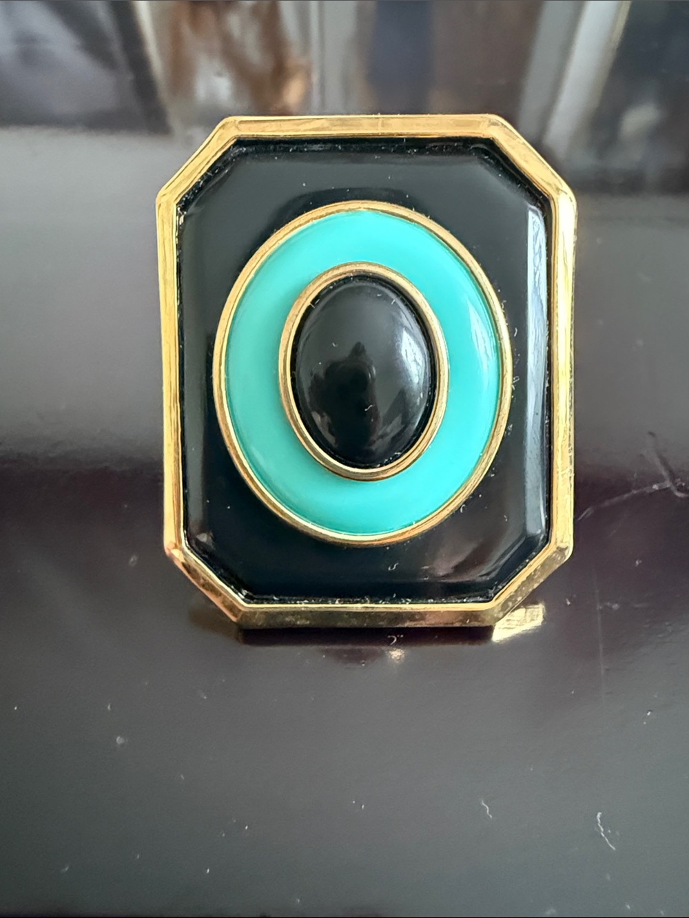 House of Harlow 1960 Black and Turquoise Enamel Geometric Brooch